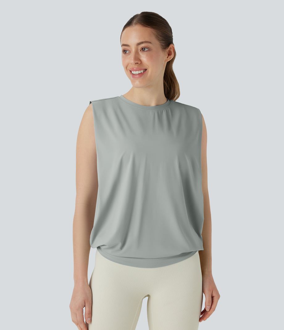 Round Neck Ruched Cool Touch Yoga Tank Top-UPF50+ - Mirage Gray