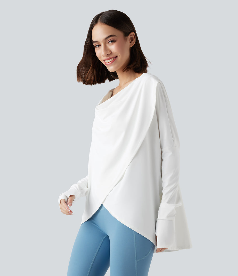Hooded Cowl Neck Long Sleeve Thumb Hole Yoga Sports Top with Pockets - White