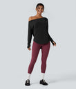 One Shoulder Long Sleeve Thumb Hole Curved Hem High Low Quick Dry Yoga Sports Top-Built-in Bra - Black