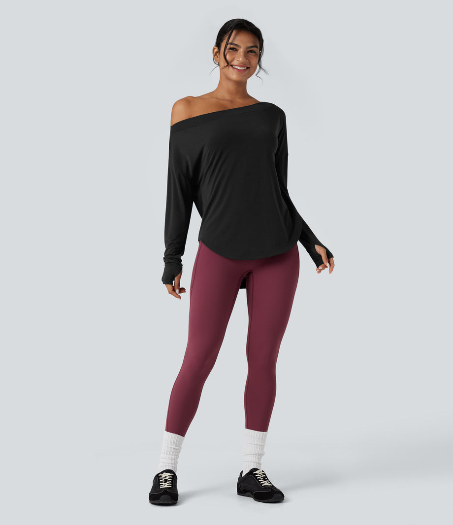 One Shoulder Long Sleeve Thumb Hole Curved Hem High Low Quick Dry Yoga Sports Top-Built-in Bra - Black
