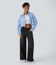Halara Flex™ Low Rise Zipper Pockets Washed Baggy Wide Leg Casual Jeans - Deep Ink Black Denim