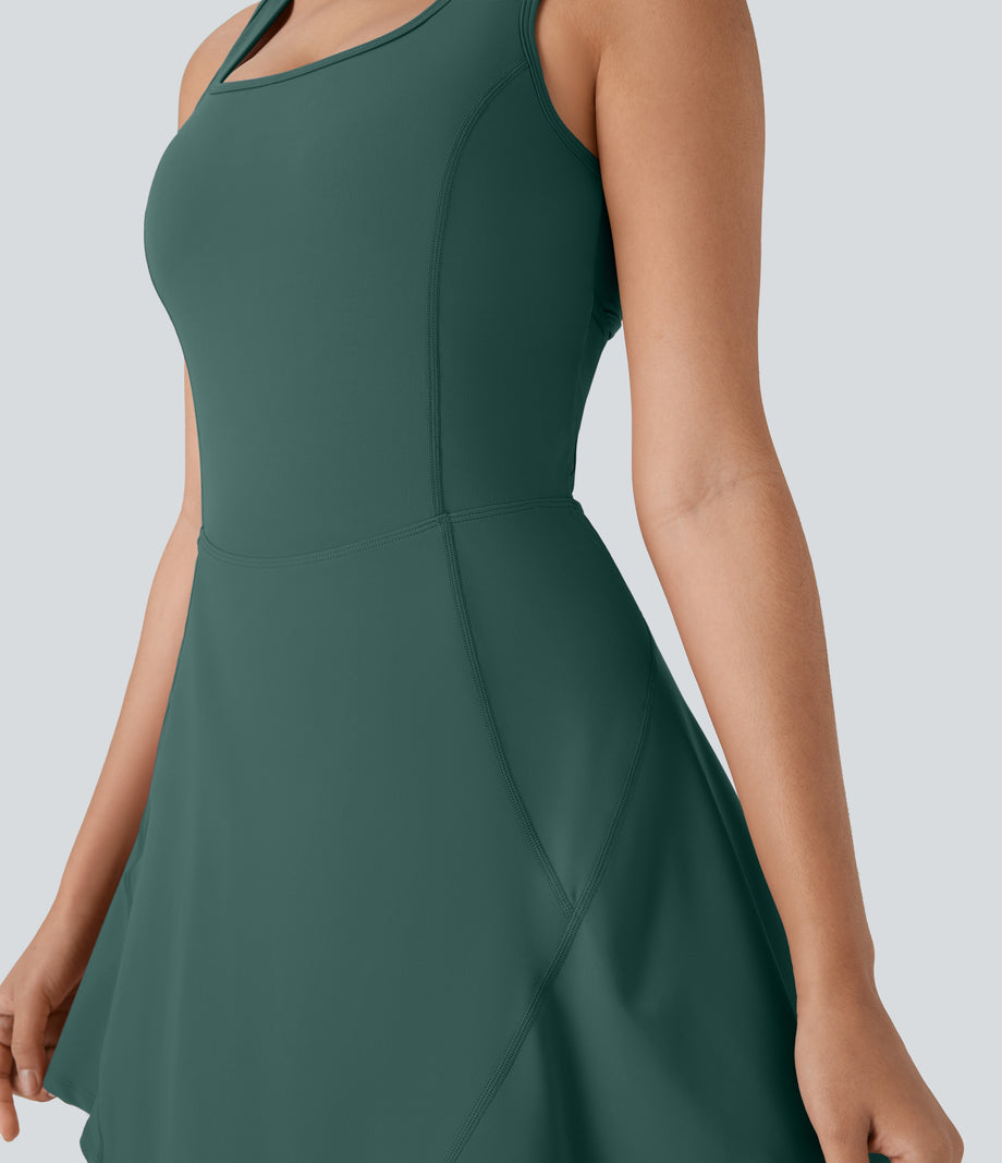 SoftlyZero™ Airy U Neck 2-in-1 Pocket Mini Cool Touch Dance Active Dress - Blue Spruce