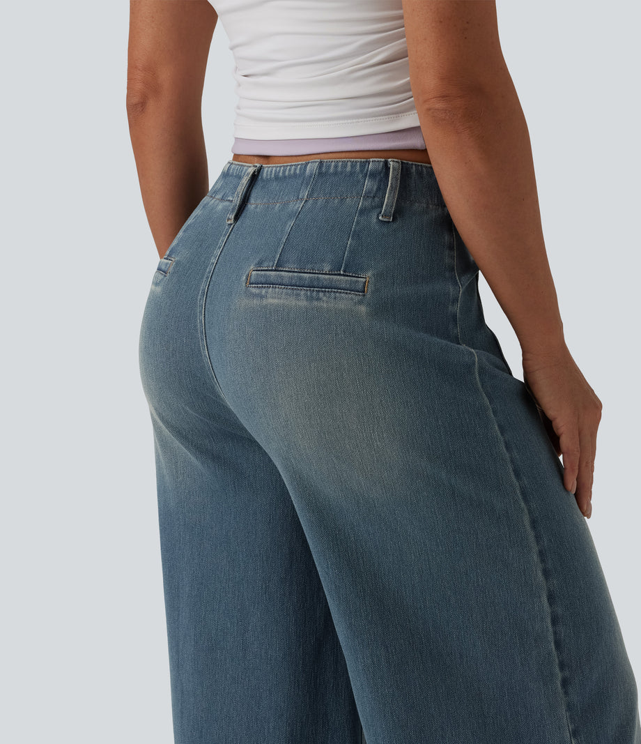 Halara Flex™ High Waisted Pockets Washed Casual Wide Leg Jeans - Blue Surf Denim