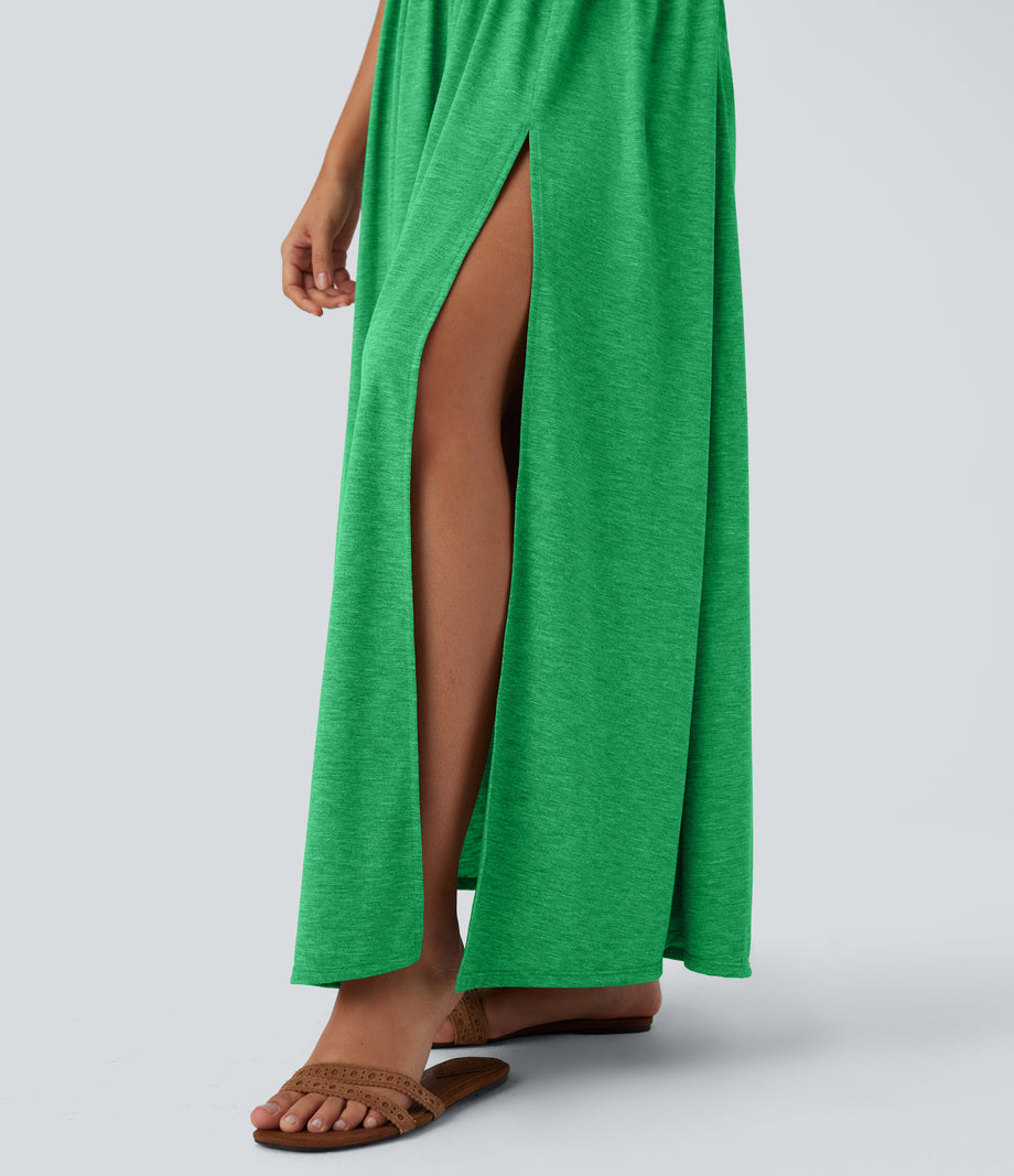 Twisted Backless Split Flowy Maxi Resort Dress with Pockets - Dewleaf Green