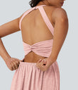 Twisted Backless Split Flowy Maxi Resort Dress with Pockets - Creole Pink Floral Yarn