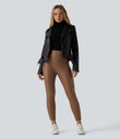 High Waisted Stretchy PU Fleece Casual Leggings with Pockets - Argan Oil