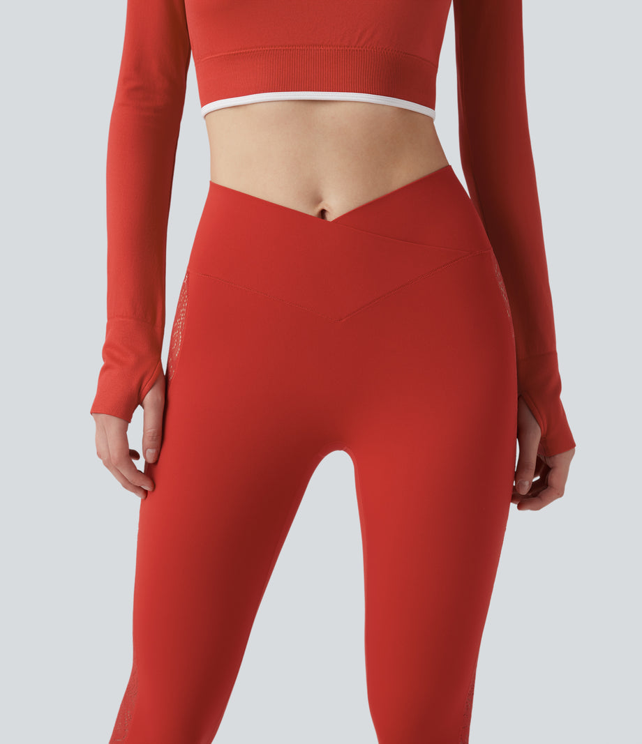 SoftlyZero™ High Waisted Crossover Contrast Lace Pocket Yoga Leggings-UPF50+ - Valiant Poppy