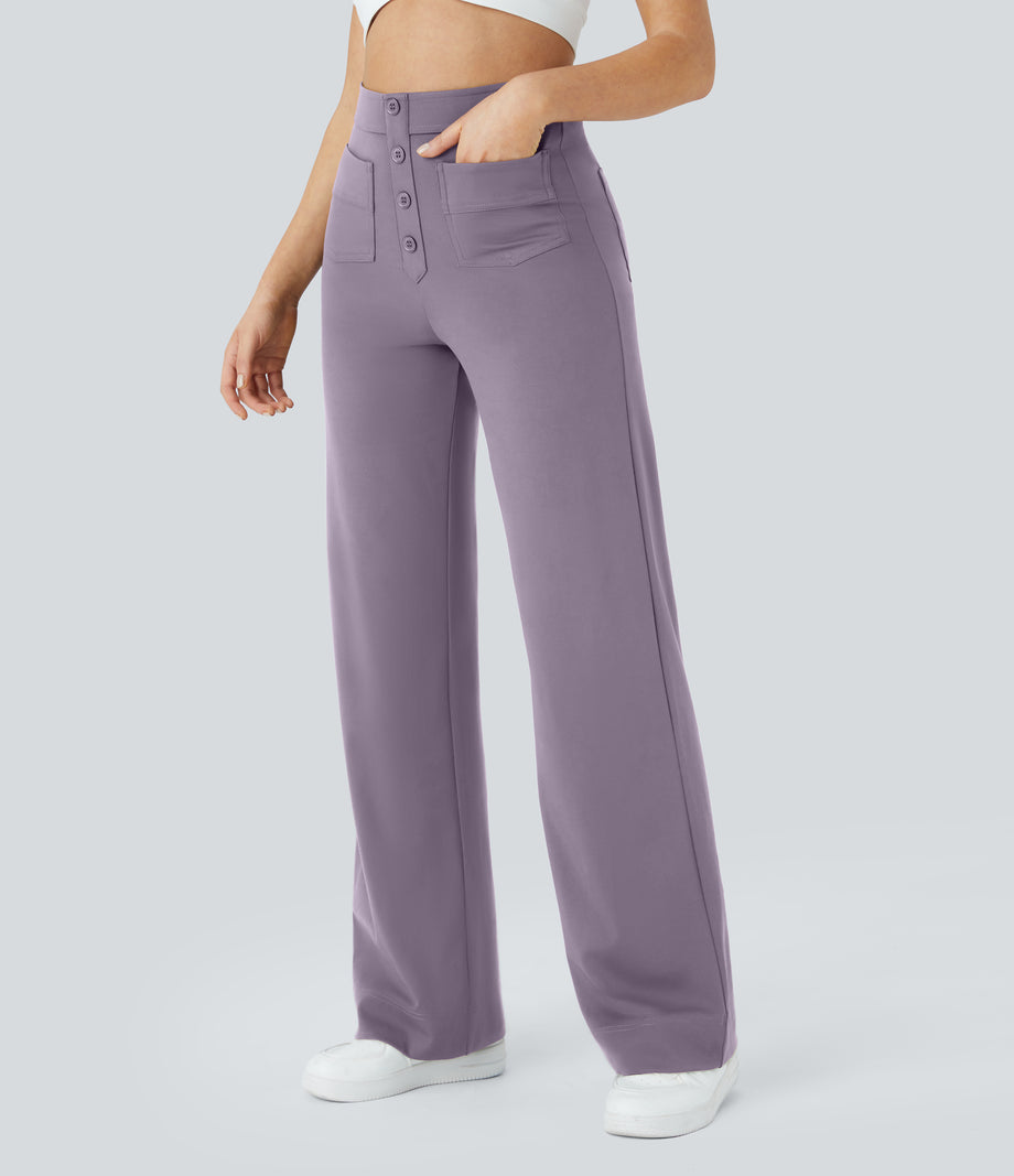 DayStretch High Waisted Pockets Straight Leg Casual Pants - Purple Ash
