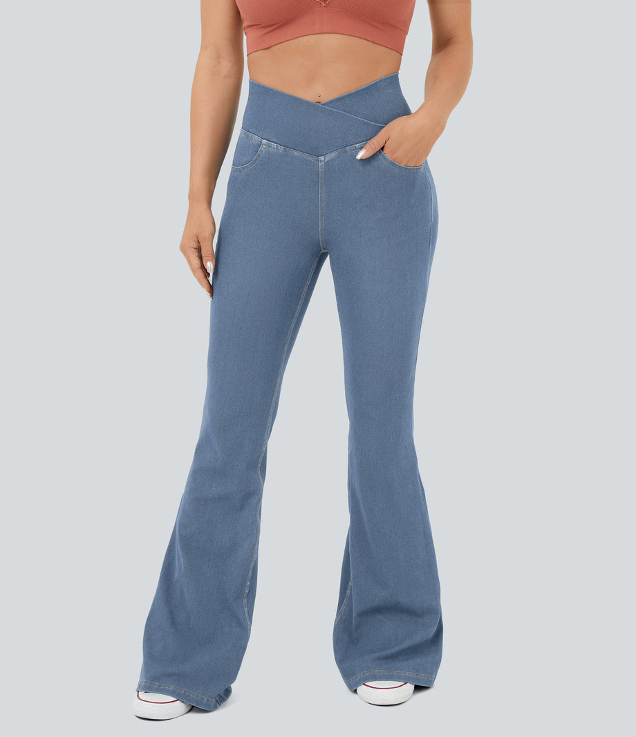 Halara Flex™ High Waisted Crossover Pocket Cool Touch Washed Casual Jeans - Pastel Blue Denim