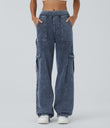 Halara Flex™ Mid Rise Pockets Straight Leg Casual Cargo Jeans - Washed Denim Bleached Blue