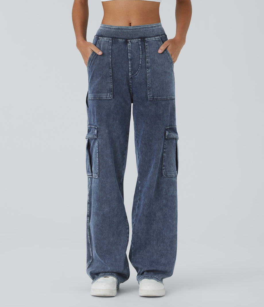 Halara Flex™ Mid Rise Pockets Straight Leg Casual Cargo Jeans - Washed Denim Bleached Blue