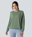 Round Neck Long Sleeve Ruched Yoga Sports Top-UPF50+ - Hedge Green