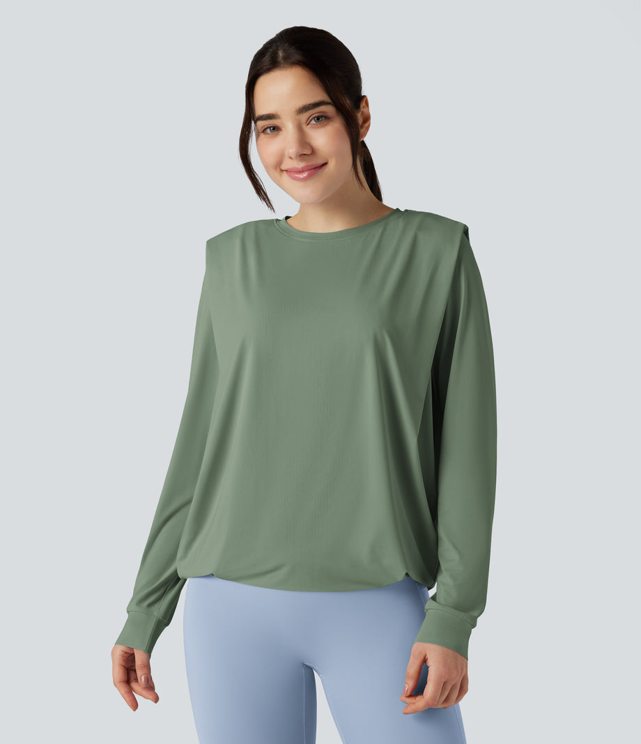 Round Neck Long Sleeve Ruched Yoga Sports Top-UPF50+ - Hedge Green