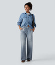 Mid Rise Denim Print French Terry Casual Sweatpants Jeans with Pockets - Light Ocean Denim