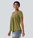 Square Neck Short Sleeve Casual Top - Moss
