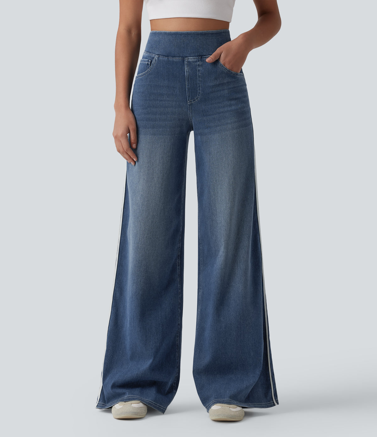 Halara Flex™ High Waisted Stripe Wide Leg Flowy Washed Casual Jeans with Pockets - Tide Blue Denim