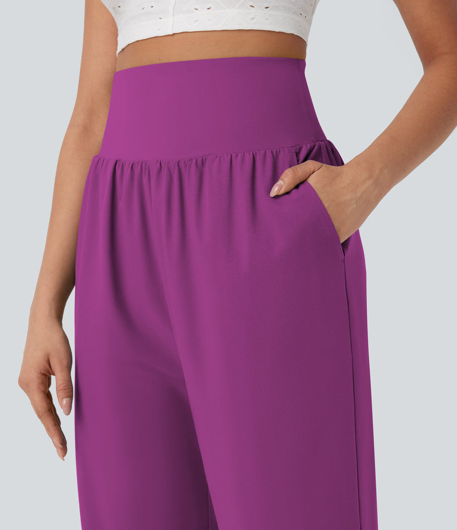 Breezeful™ High Waisted Tummy Control Hem Quick Dry Capri Pants with Pockets - Purple Wine