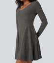 Ribbed Knit V Neck Long Sleeve Flare Mini Casual Dress with Pockets - Mottled Dark Gray