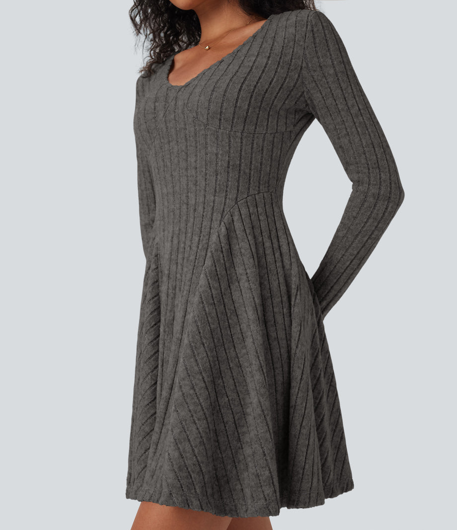 Ribbed Knit V Neck Long Sleeve Flare Mini Casual Dress with Pockets - Mottled Dark Gray