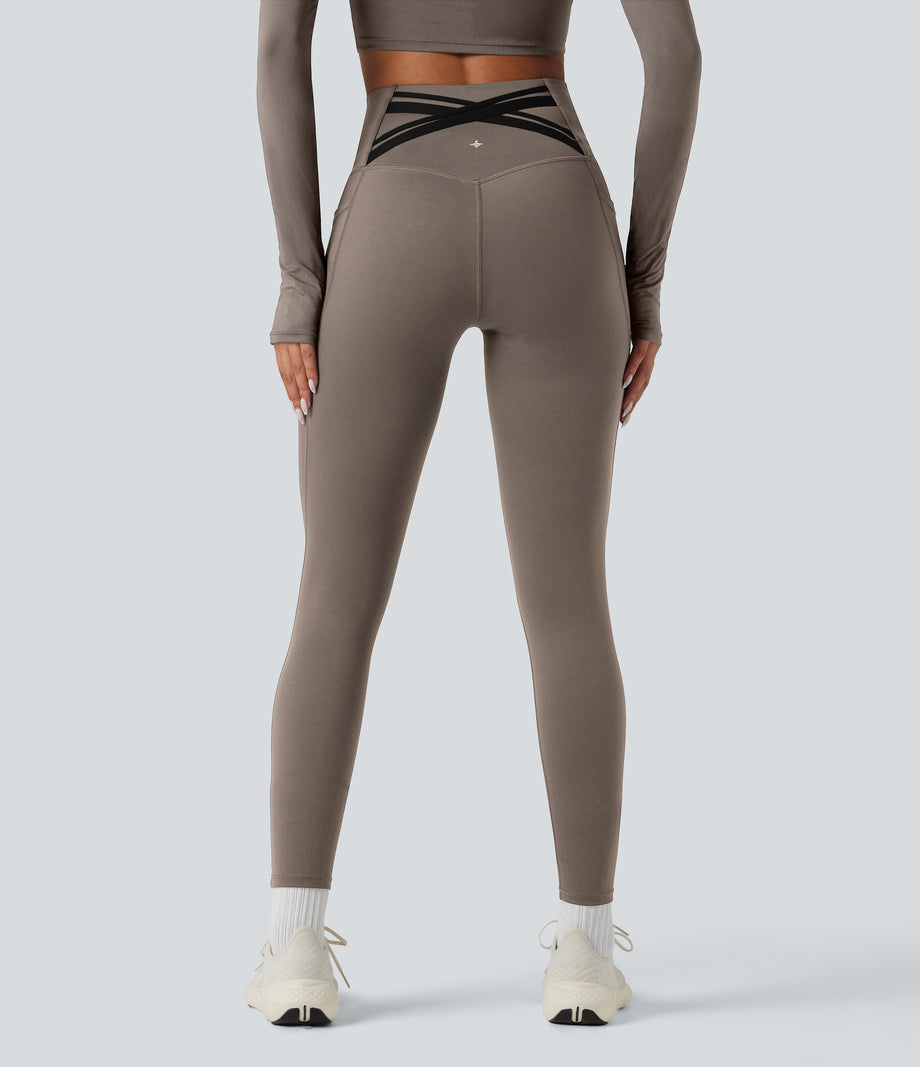 Halara Ultrasculpt™ Heat High Waisted Tummy Control Crossover Back Fleece Running Leggings with Pockets - Walnut