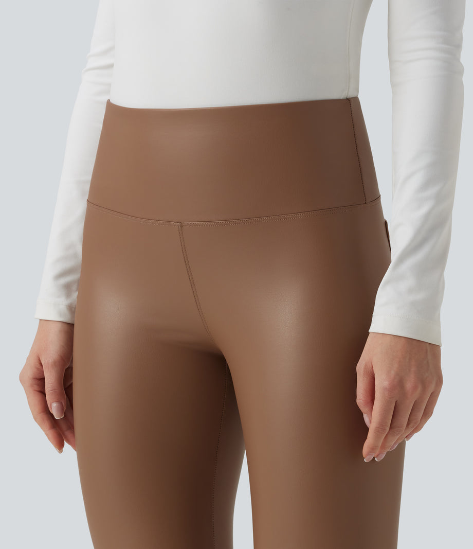 High Waisted Tummy Control Stretchy PU Fleece 7/8 Skinny Casual Leggings with Pockets - Argan Oil