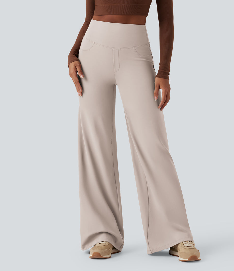 DayStretch High Waisted Tummy Control Wide Leg Baggy Yoga Pants with Pockets - Oat Milk