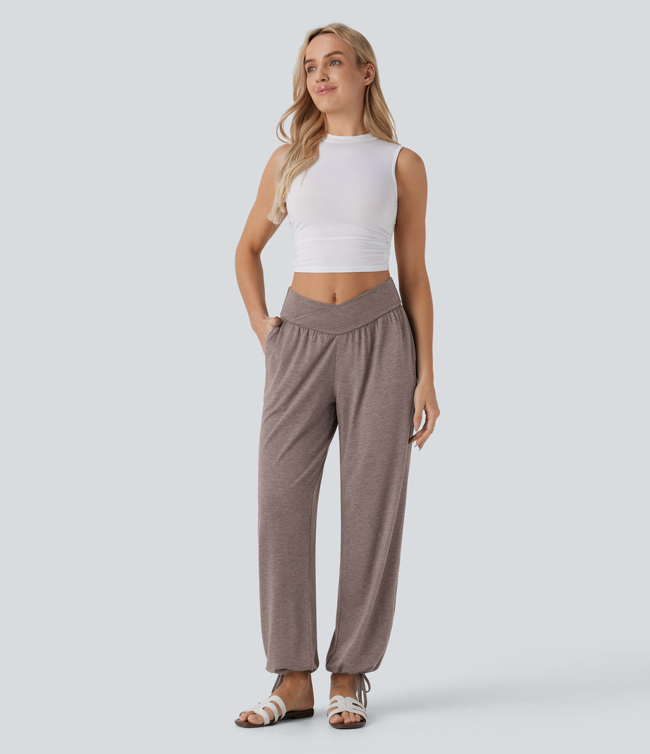 Crossover High Waisted Pocket Drawstring Casual Joggers - Deep Tea Brown Floral Yarn