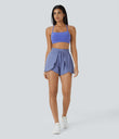 Frill High Waisted Elastic Waistband Drawstring Flowy Stacked Casual Shorts 3" - Bleached Denim