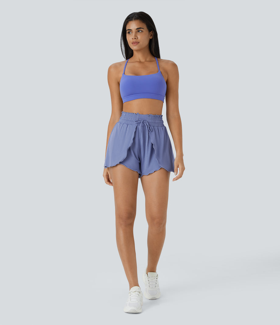 Frill High Waisted Elastic Waistband Drawstring Flowy Stacked Casual Shorts 3" - Bleached Denim