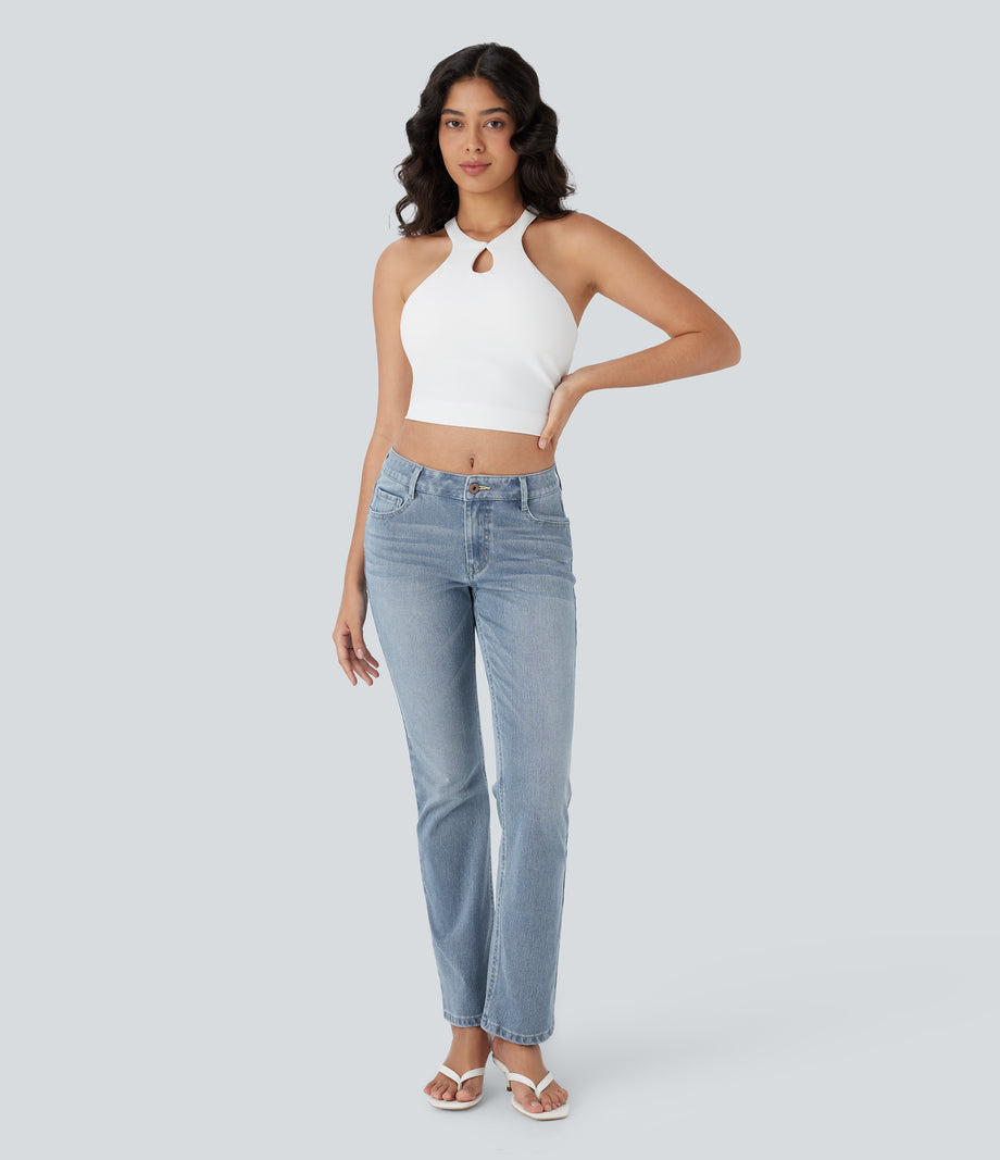 Halara Flex™ Low Rise Zipper Pockets Washed Casual Bootcut Jeans - Blue Spruce Denim