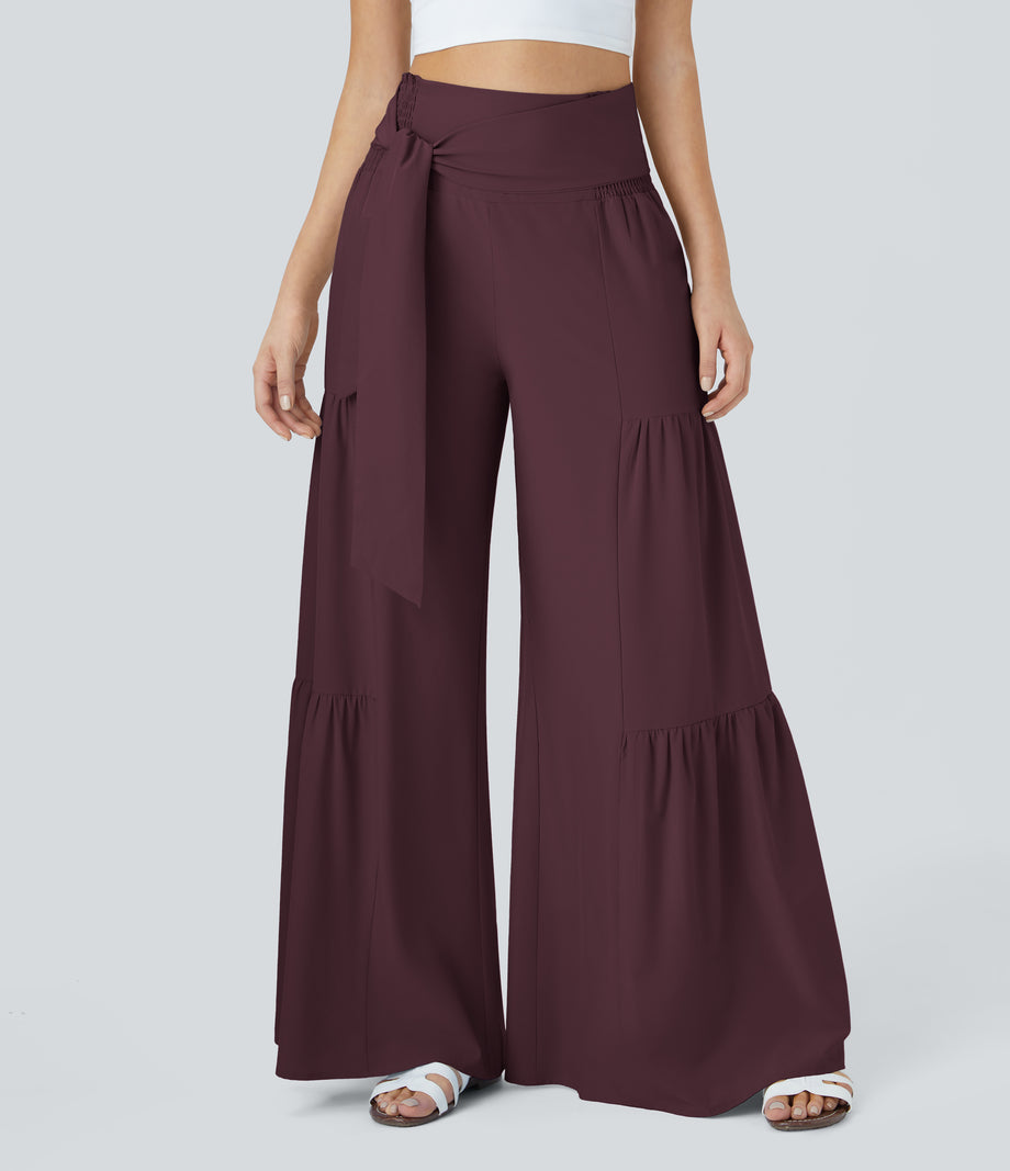 Breezeful™ High Waisted Shirred Tie Front & Back Wide Leg Flowy Quick Dry Casual Pants - Deep Crimson