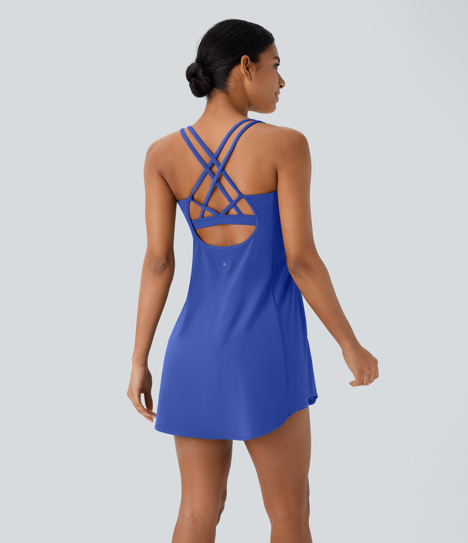 SoftlyZero™ Plush Cut Out Pocket 2-Piece Mini Yoga Active Dress - Lotus Blue