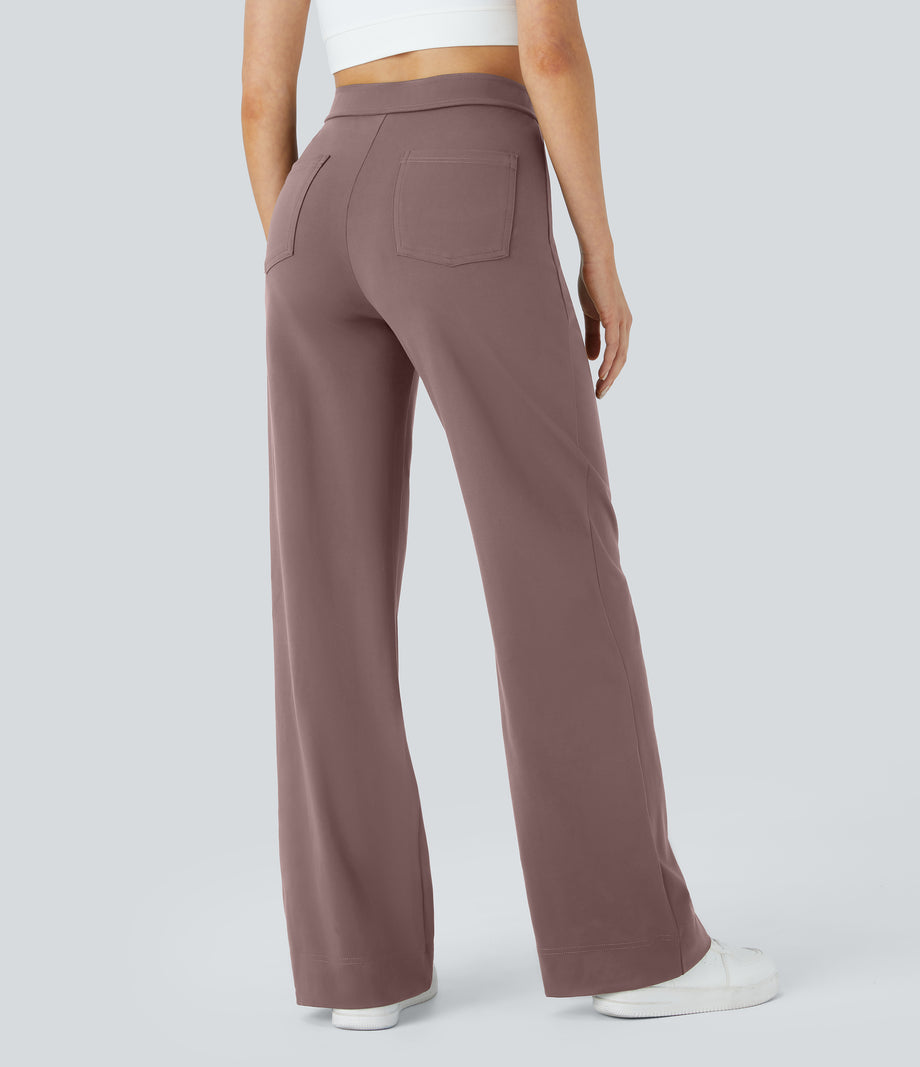 DayStretch High Waisted Pockets Straight Leg Casual Pants - Purple Sandalwood