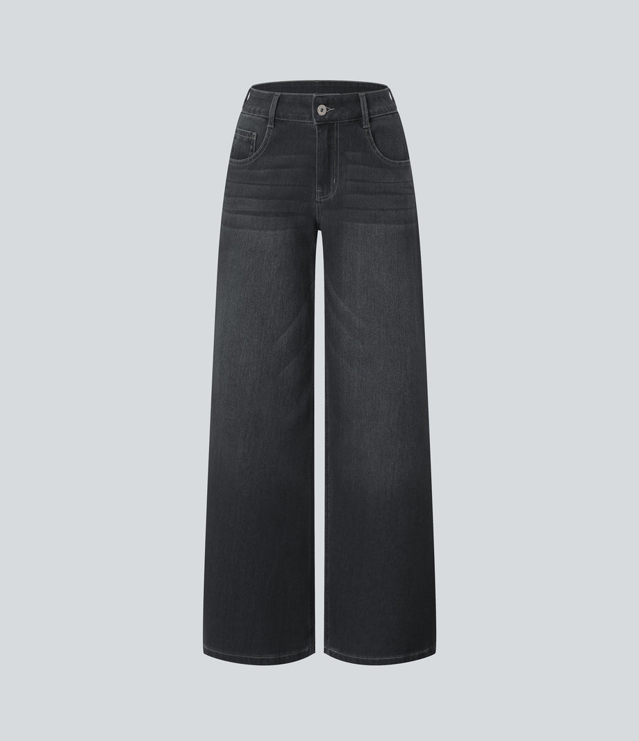 Halara Flex™ Low Rise Zipper Pockets Washed Baggy Wide Leg Casual Jeans - Dirty Black Denim