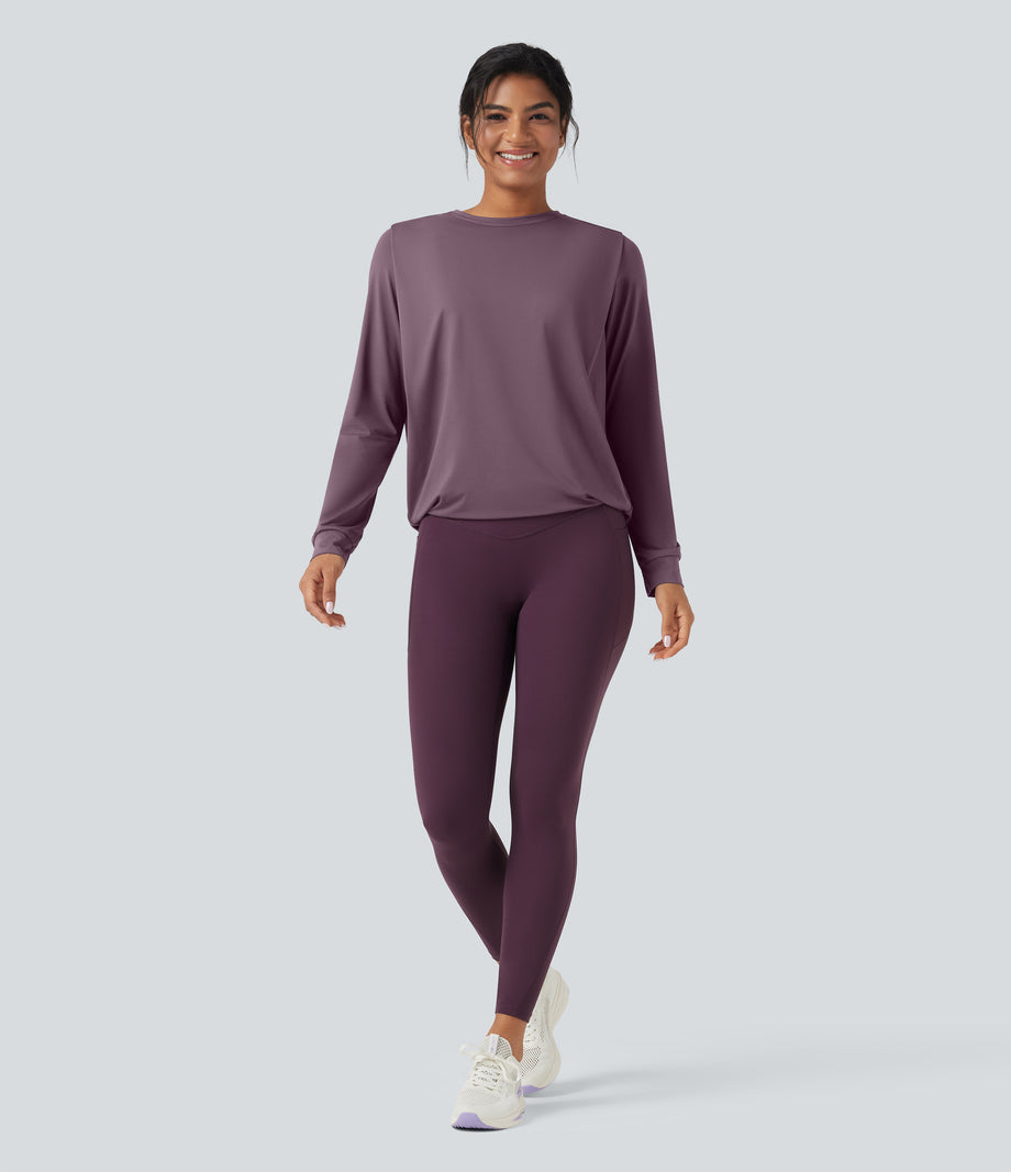 Round Neck Long Sleeve Ruched Yoga Sports Top-UPF50+ - Vintage Violet