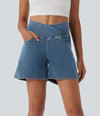 Halara Flex™ Crossover High Waisted Pockets Wide Leg A Line Washed Denim Casual Shorts - Blue Surf Denim