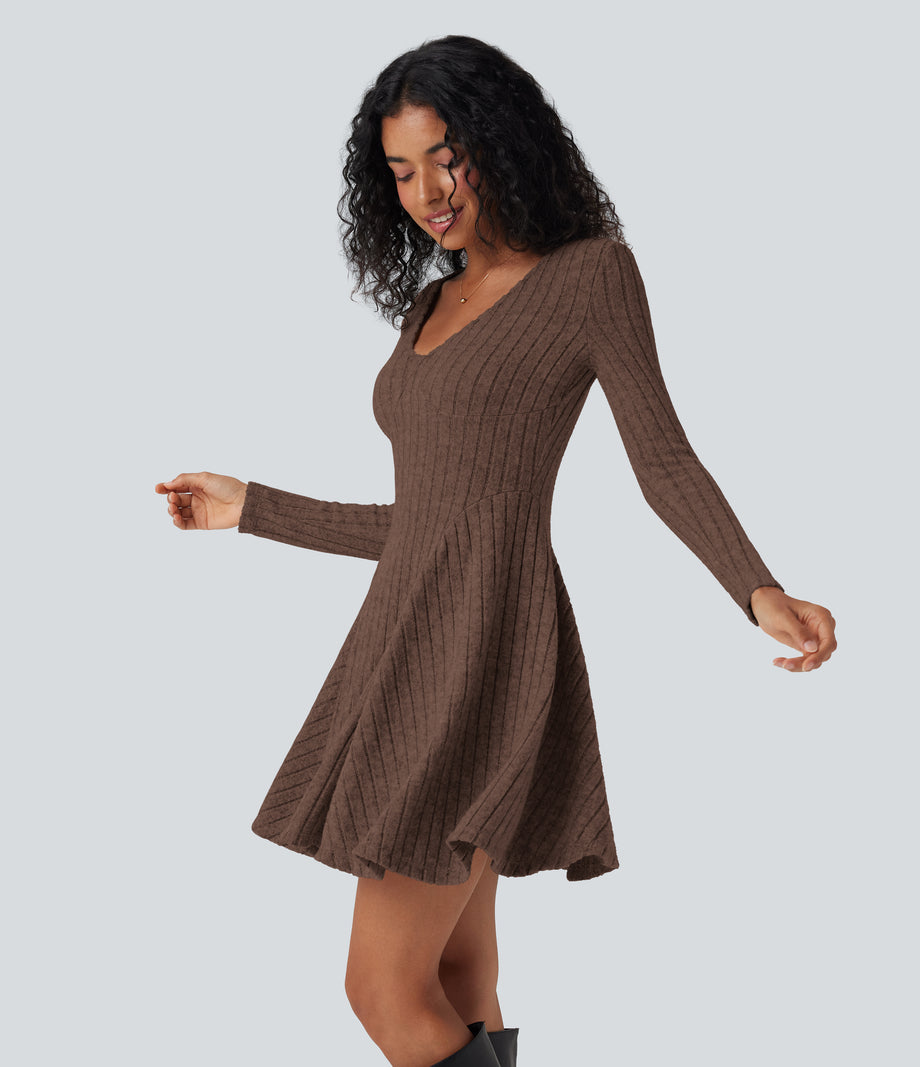 Ribbed Knit V Neck Long Sleeve Flare Mini Casual Dress with Pockets - Earthy Brown Floral Yarn