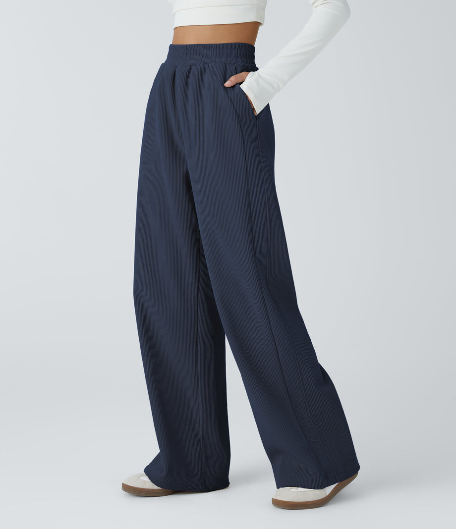 High Waisted Pocket Straight Leg Baggy Mop Corduroy Casual Pants - Mood Indigo