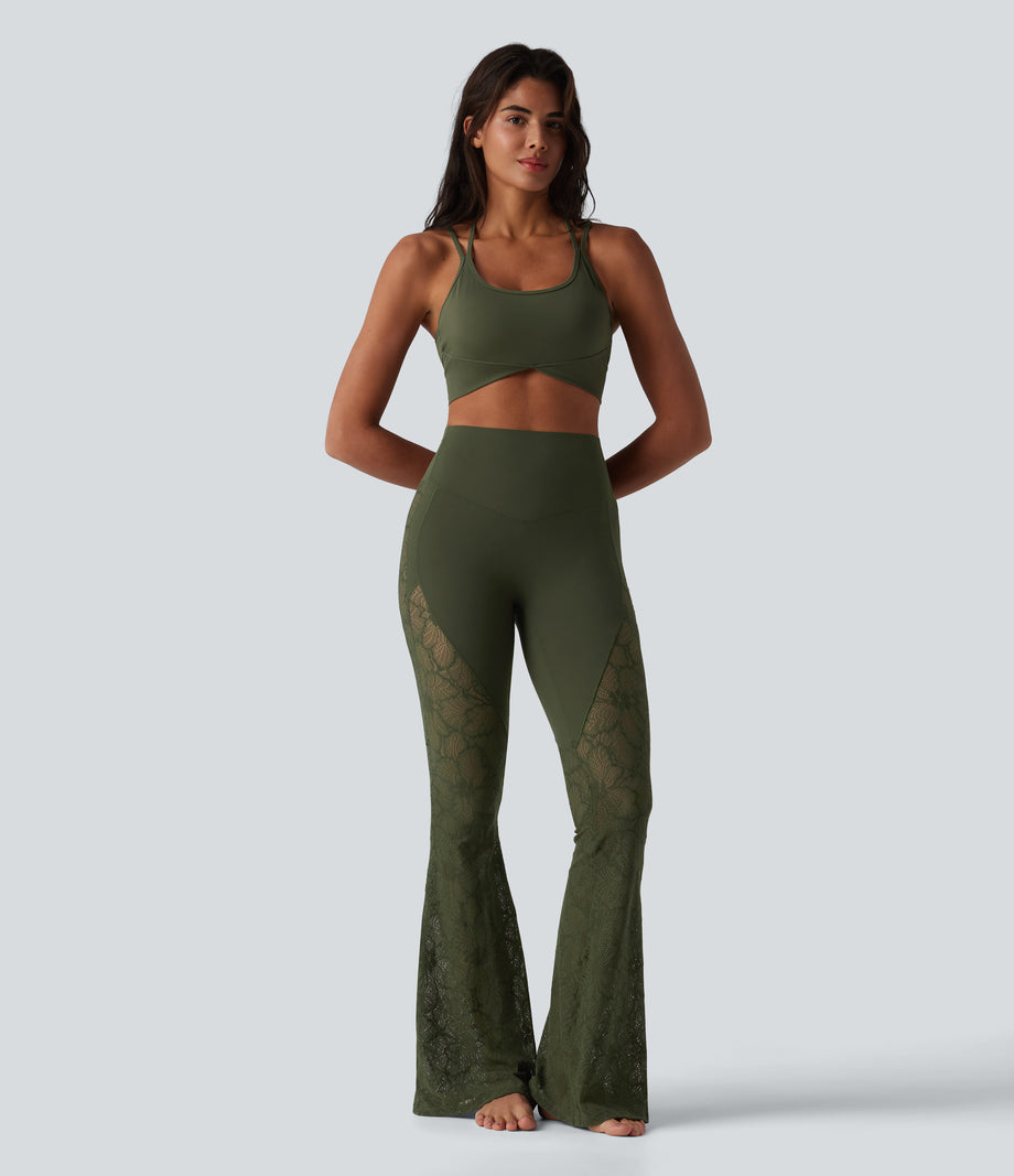 Halara UltraSculpt™ High Waisted Tummy Control Contrast Lace Yoga Flare Leggings with Pocket - Deep Woodland Green