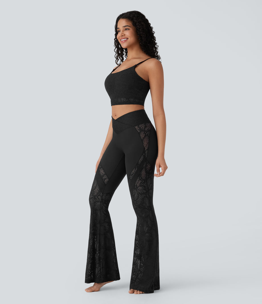 SoftlyZero™ High Waisted Crossover Pocket Contrast Lace Flare Yoga Leggings - Black