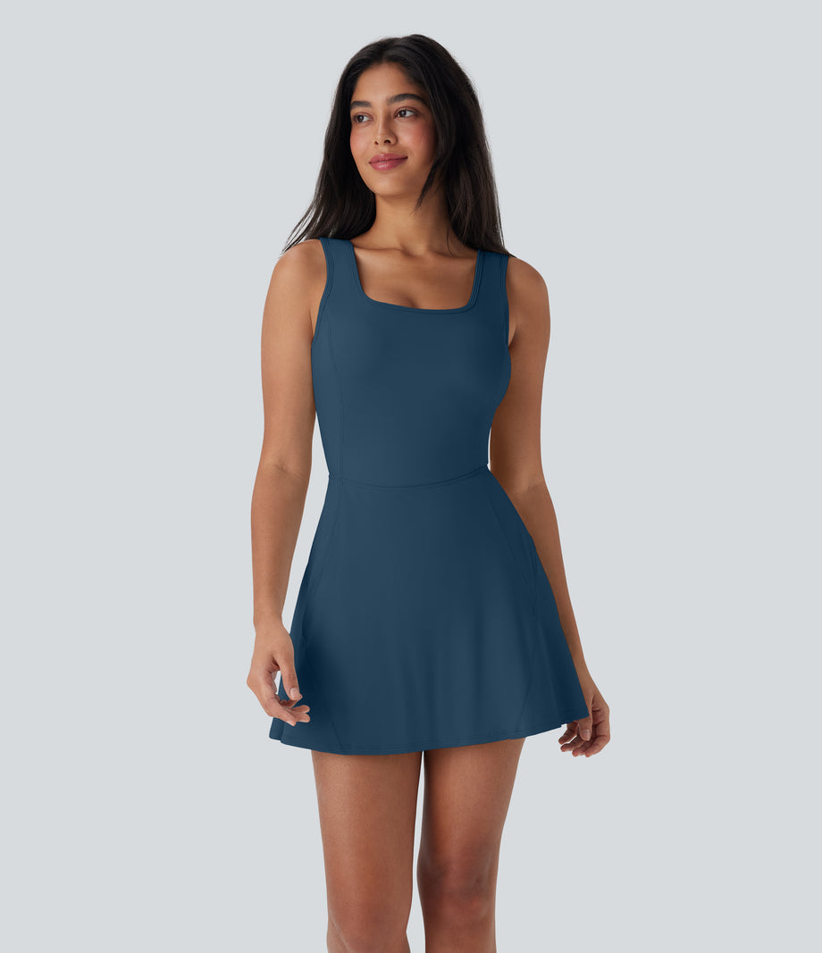 SoftlyZero™ Airy U Neck 2-in-1 Pocket Mini Cool Touch Dance Active Dress-Easy Peezy - Majolica Blue