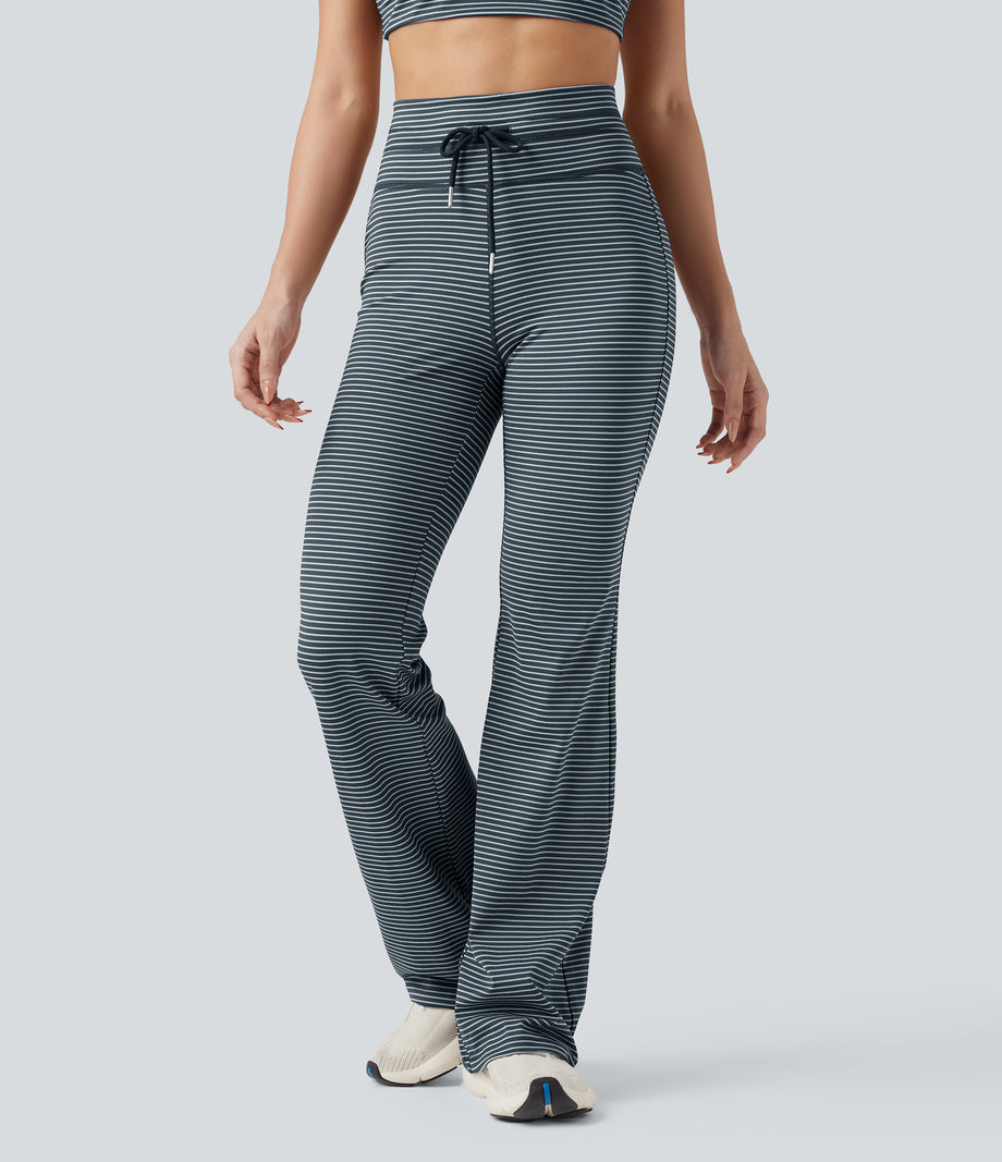 High Waisted Drawstring Stripe Flare Yoga Pants with Pockets - Oceanic Teal
