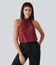 Keyhole Back Halter Sleeveless Curved Hem Work Blouse - Plum Bossom Red