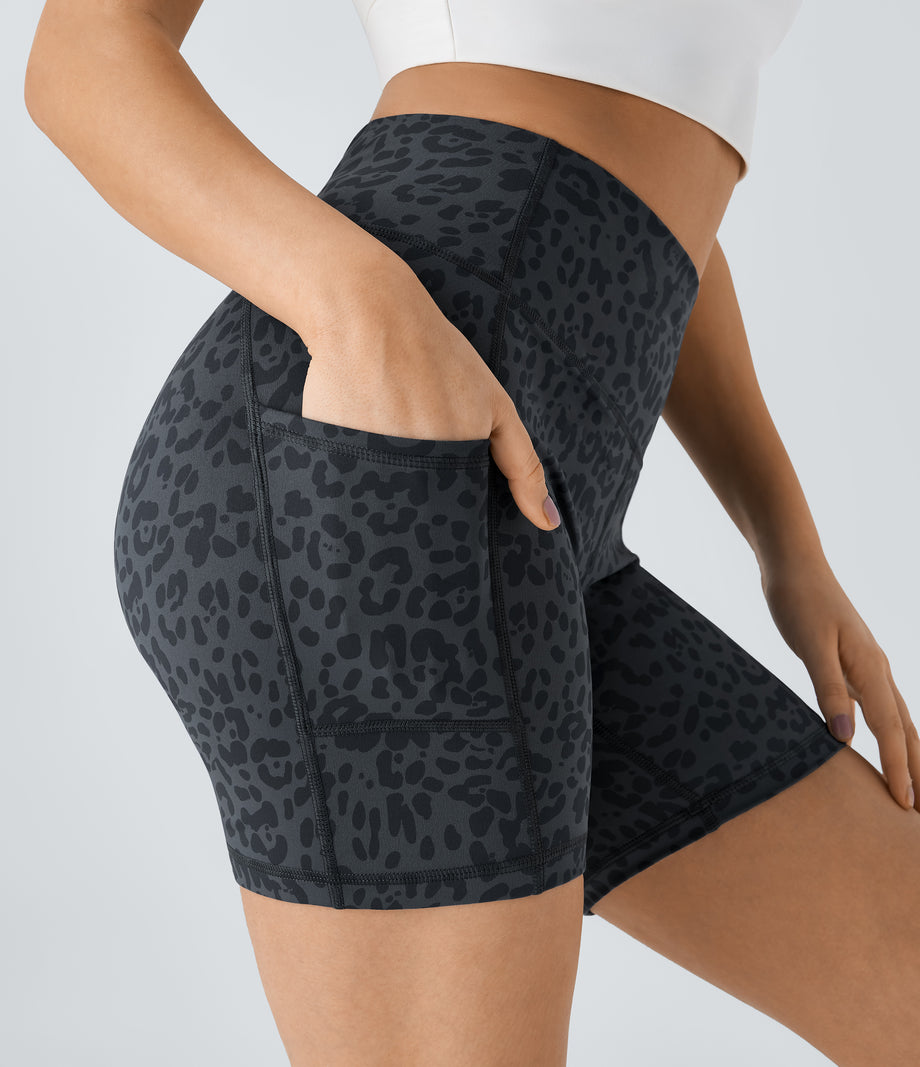 High Waisted Pocket Running Biker Shorts - Grey Blue