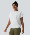 Round Neck Short Sleeve Ruched Cool Touch Yoga Sports Top-UPF50+ - White