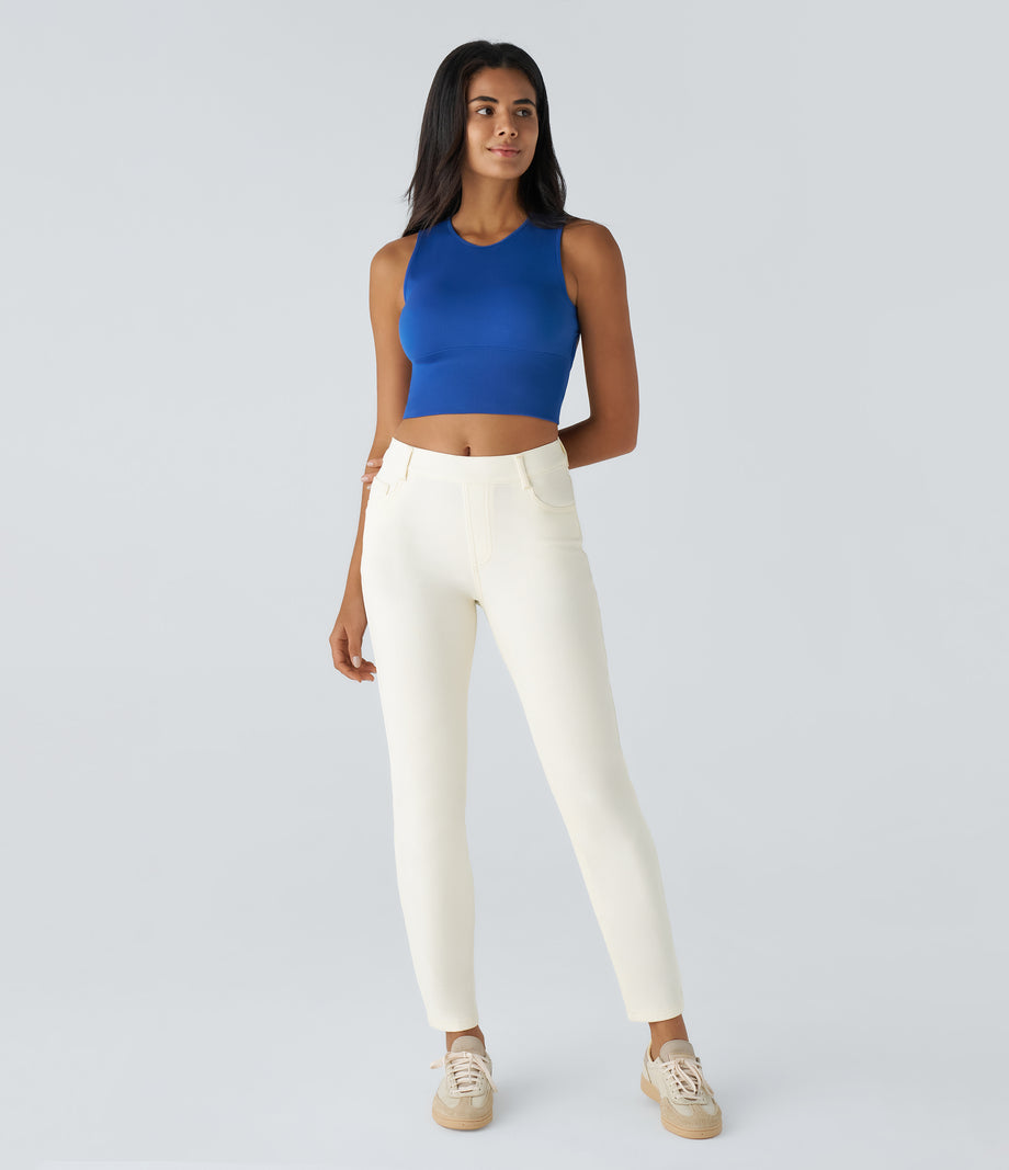 Halara Flex™ High Waisted Pockets Straight Leg Washed Casual Jeans - Beige Denim