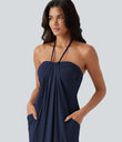 Halter Tie Back Maxi Dress with Pockets - Naval Academy