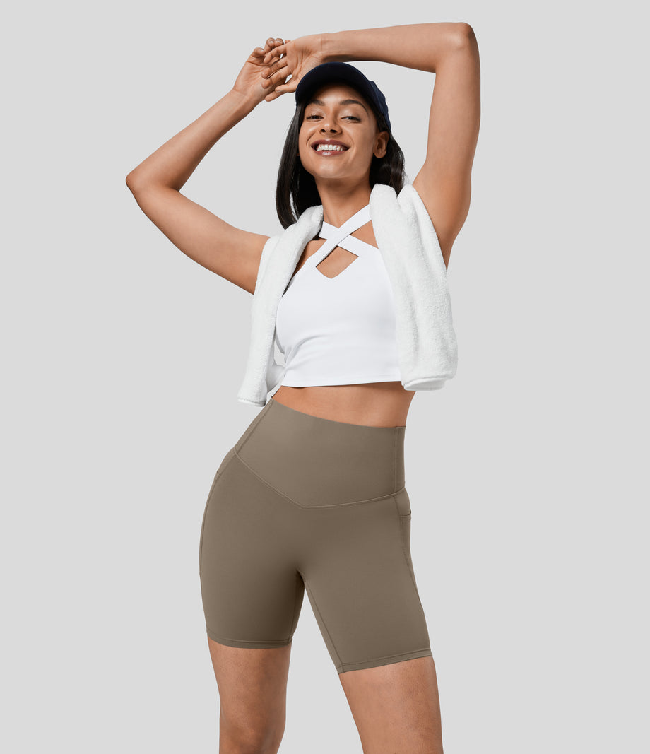 Halara UltraSculpt™ High Waisted Tummy Control Pocket Shaping Training Biker Shorts 7'' - Dawn Brown