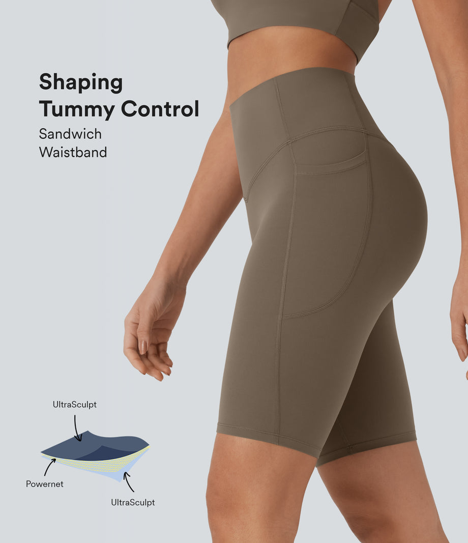 Halara UltraSculpt™ High Waisted Tummy Control Pocket Shaping Training Biker Shorts 9'' - Dawn Brown