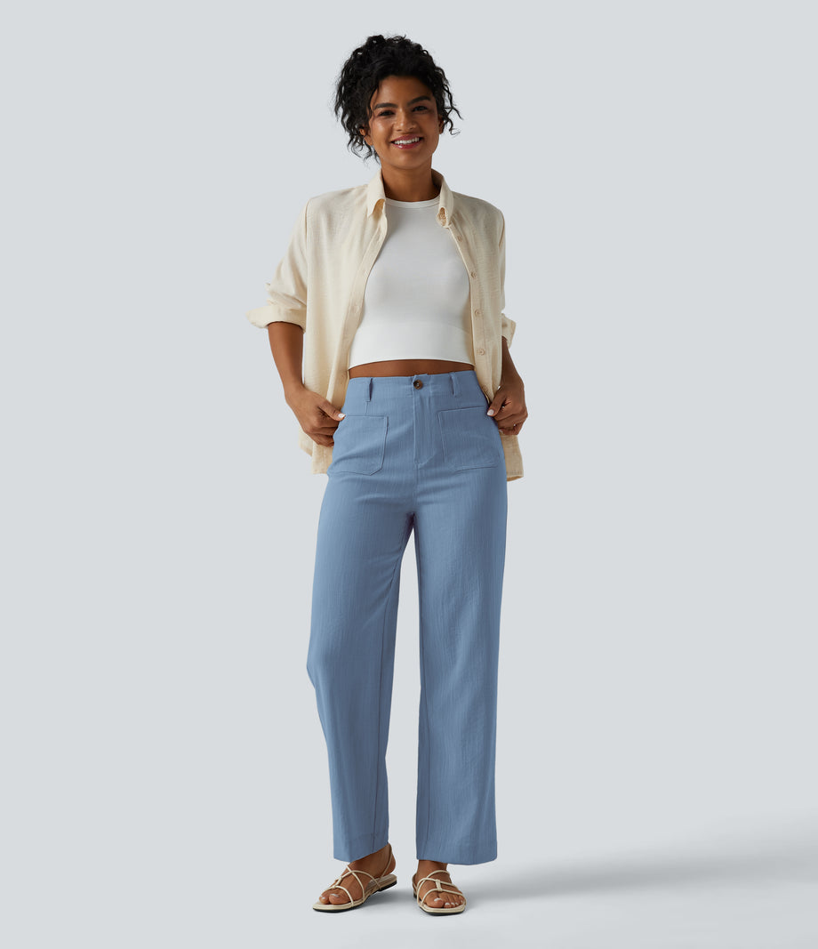 High Waisted Straight Leg Casual Linen-Feel Pants with Pockets - Azure Mist Blue